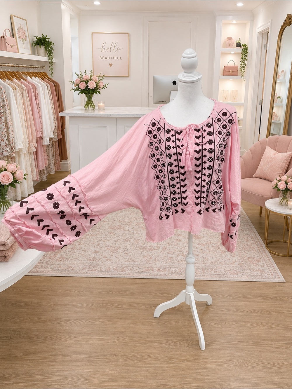 Free People Pink Embroidered Dolman Sleeve Top – Size Large Oversized